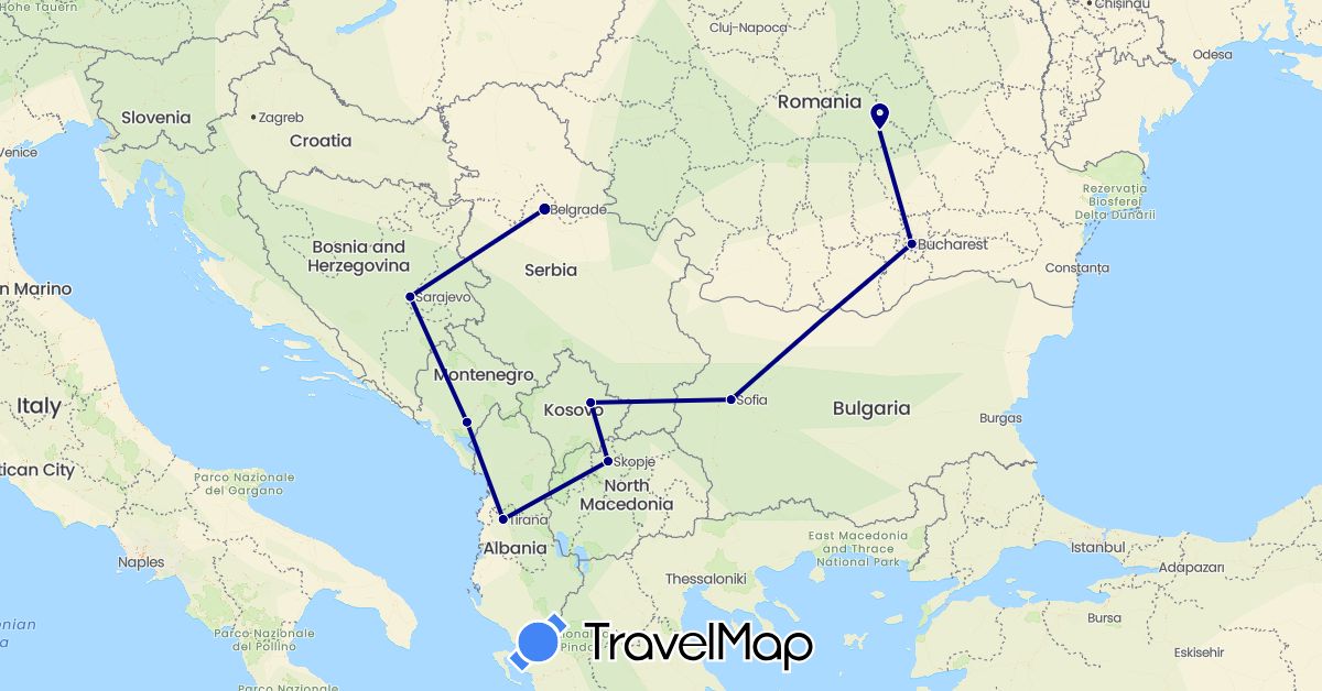 TravelMap itinerary: driving in Albania, Bosnia and Herzegovina, Bulgaria, Montenegro, Macedonia, Romania, Serbia, Kosovo (Europe)