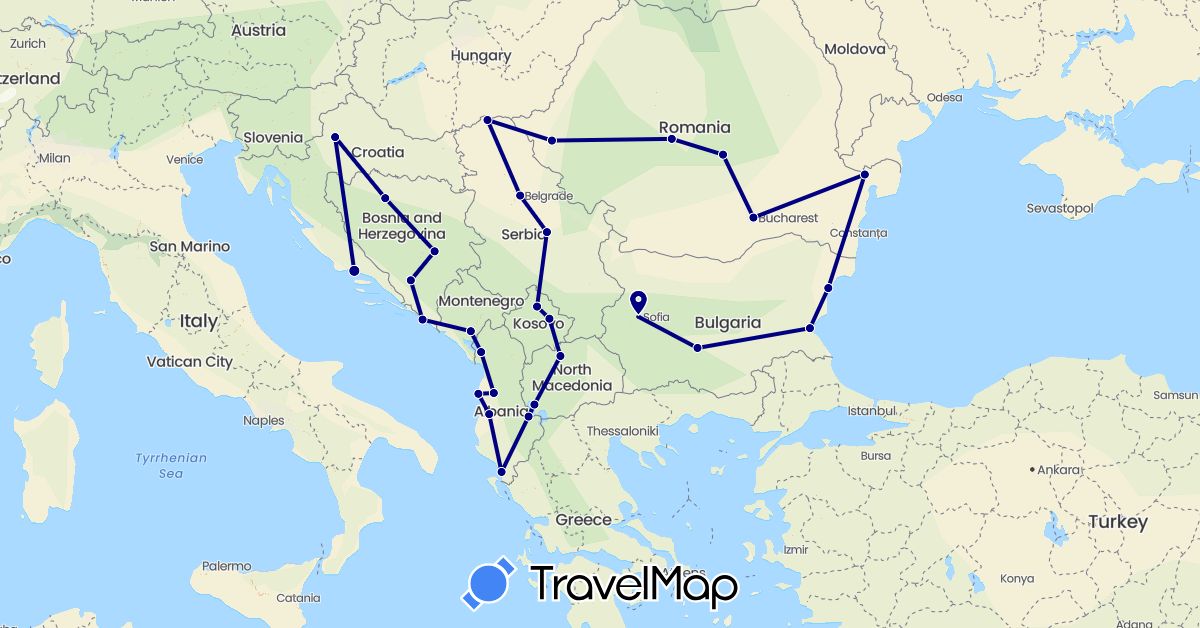 TravelMap itinerary: driving in Albania, Bosnia and Herzegovina, Bulgaria, Croatia, Montenegro, Macedonia, Romania, Serbia, Kosovo (Europe)